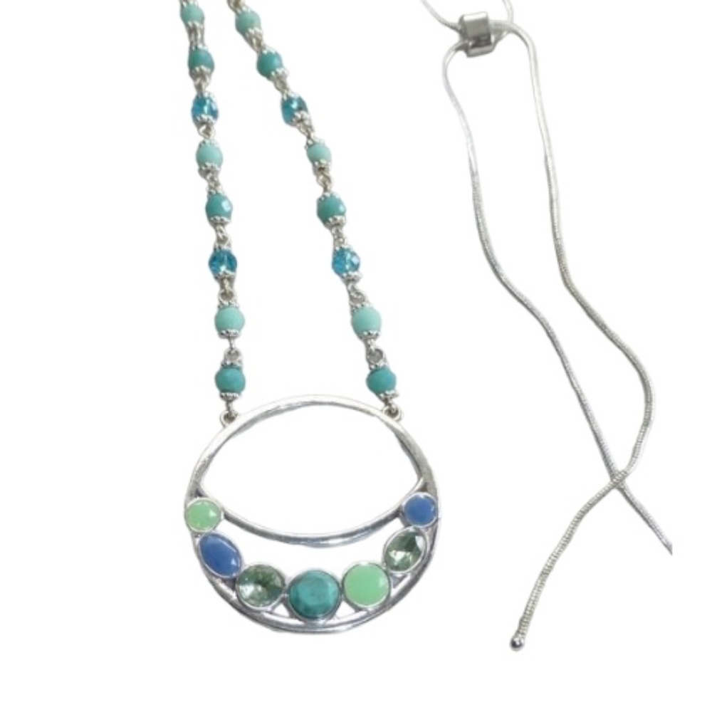 Silver Tone. Green & Blue Beaded 2” Circle long Statement Necklace, Adjustable
